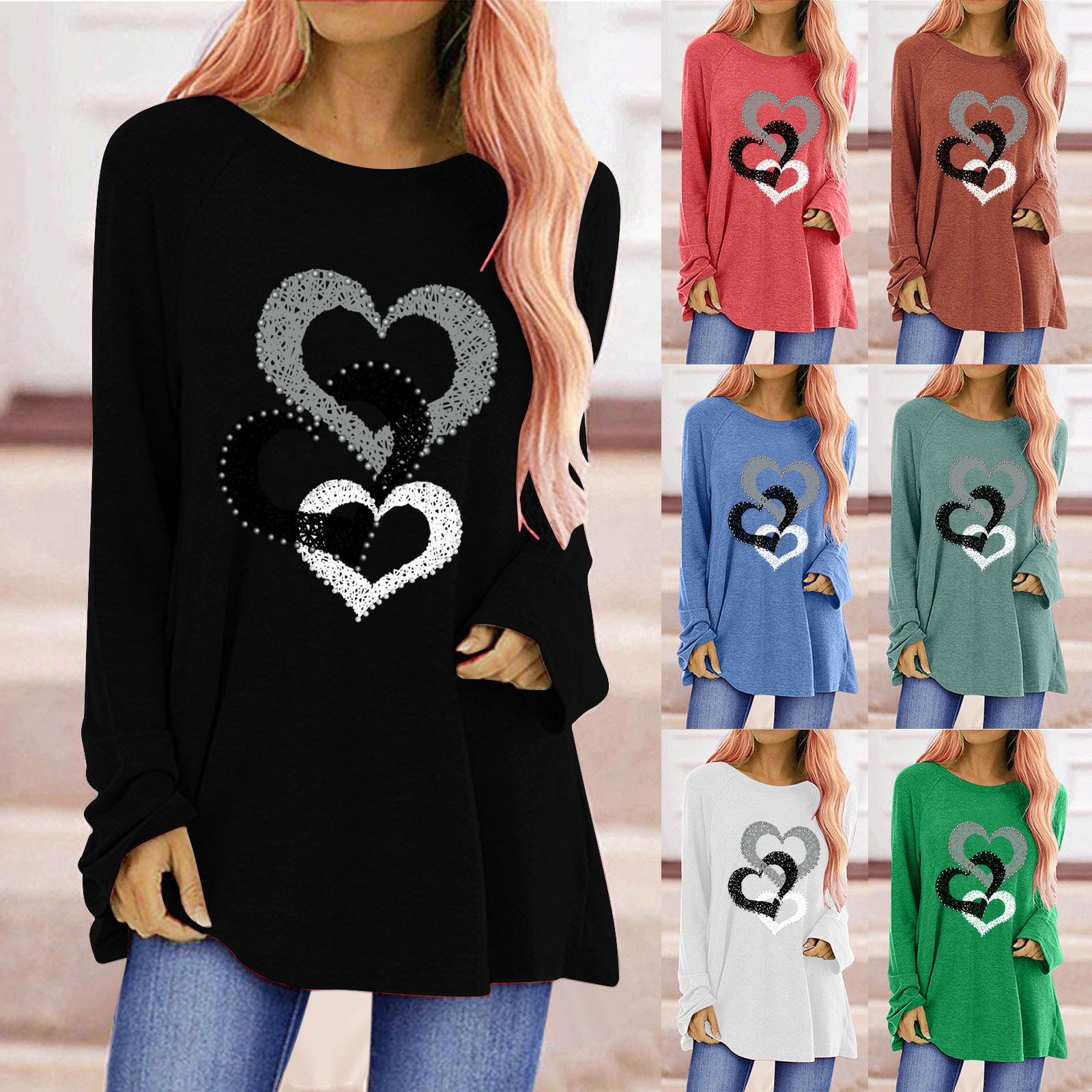 Women's Heart Print Crewneck Long Sleeve Top
