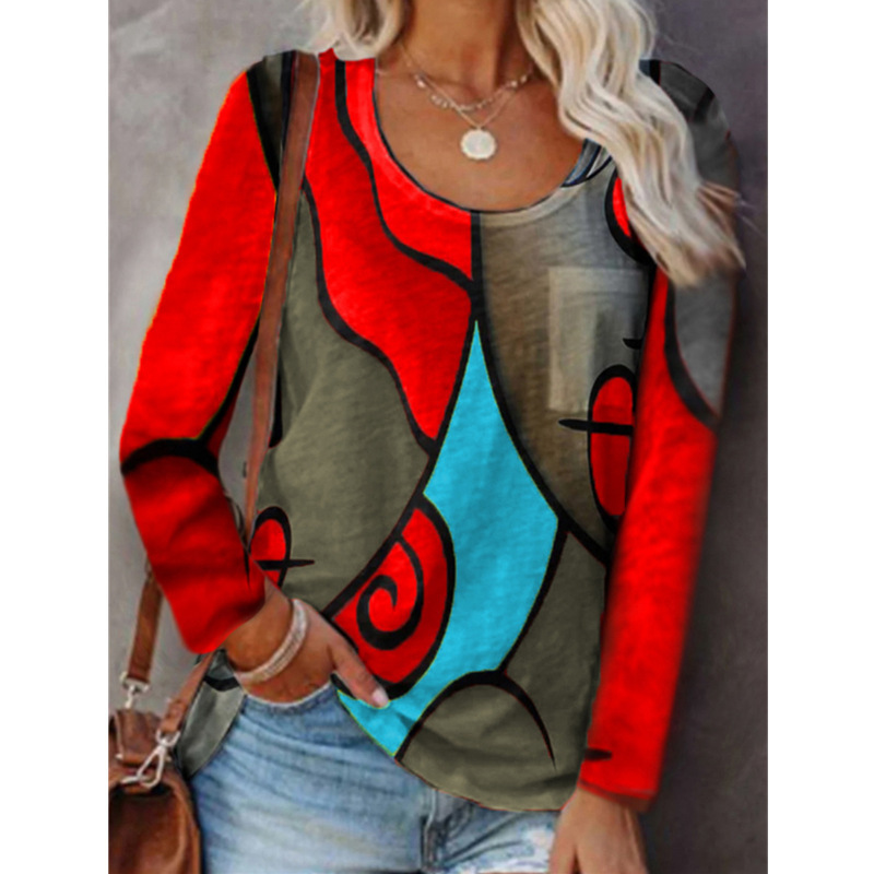 Women's Colorblock Geometric Print Long Sleeve T-Shirt