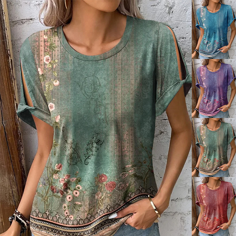 Women's Ethnic Floral Print Short Sleeve T-Shirt Casual Comfortable