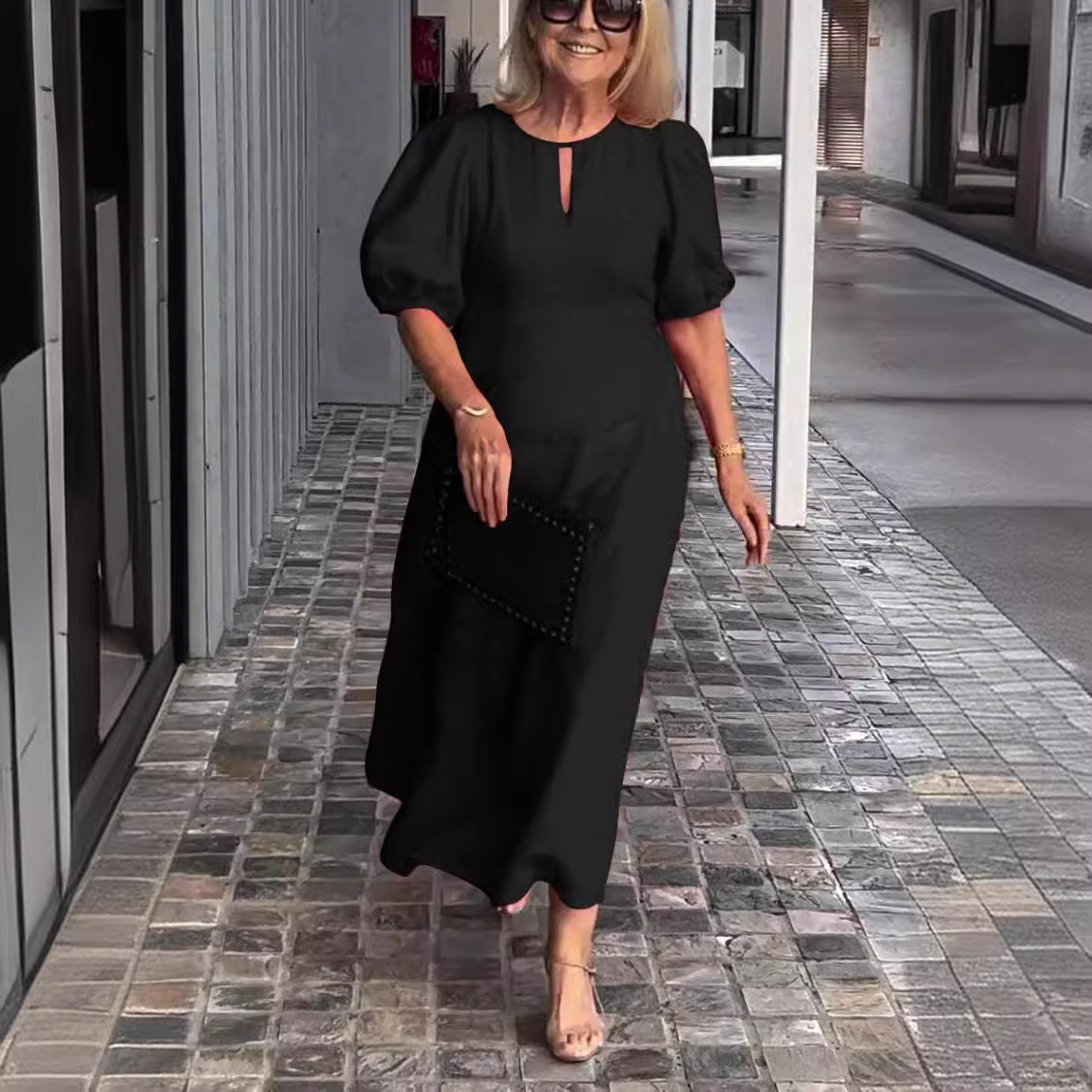 Women's Solid Color Loose Casual Round Neck Puff Sleeve Dress