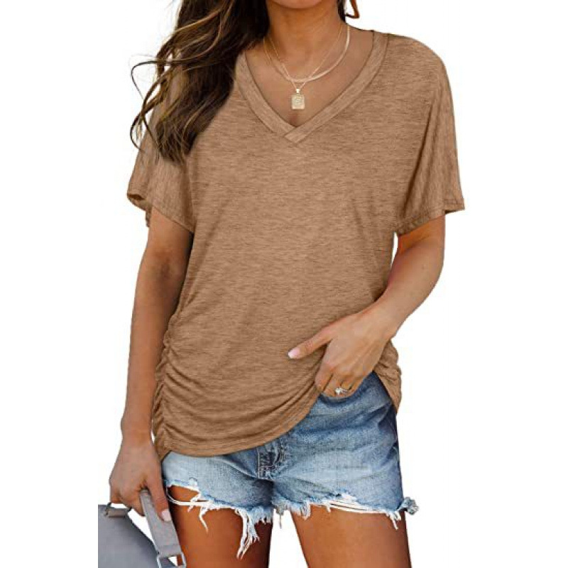 Solid Color Batwing Sleeve V-Neck Side Ruched Short Sleeve T-Shirt