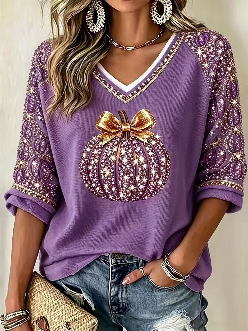 Halloween Pumpkin Bow Print V-Neck Half-Sleeve Women's T-Shirt
