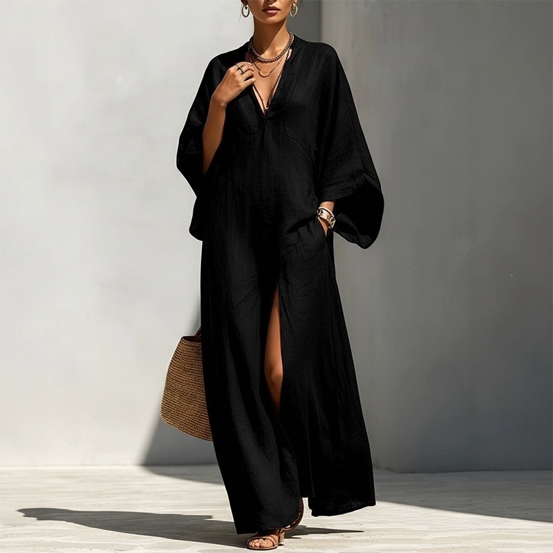 Women's V-Neck Batwing Sleeve Loose Long Vacation Dress