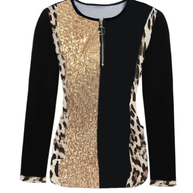 Leopard Print Mesh Panel Long Sleeve Round Neck Slim Fit Women's Top