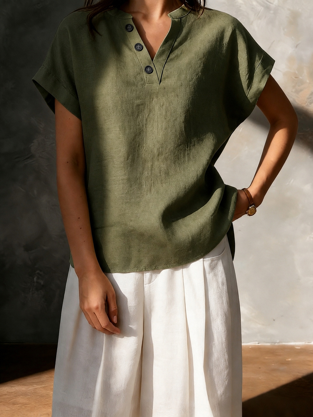 2026 New Cross-Border Women's Fashion Foreign Trade European and American Cotton-Linen High-End Feel Women's V-Neck Button Short-Sleeve Solid Color Shirt