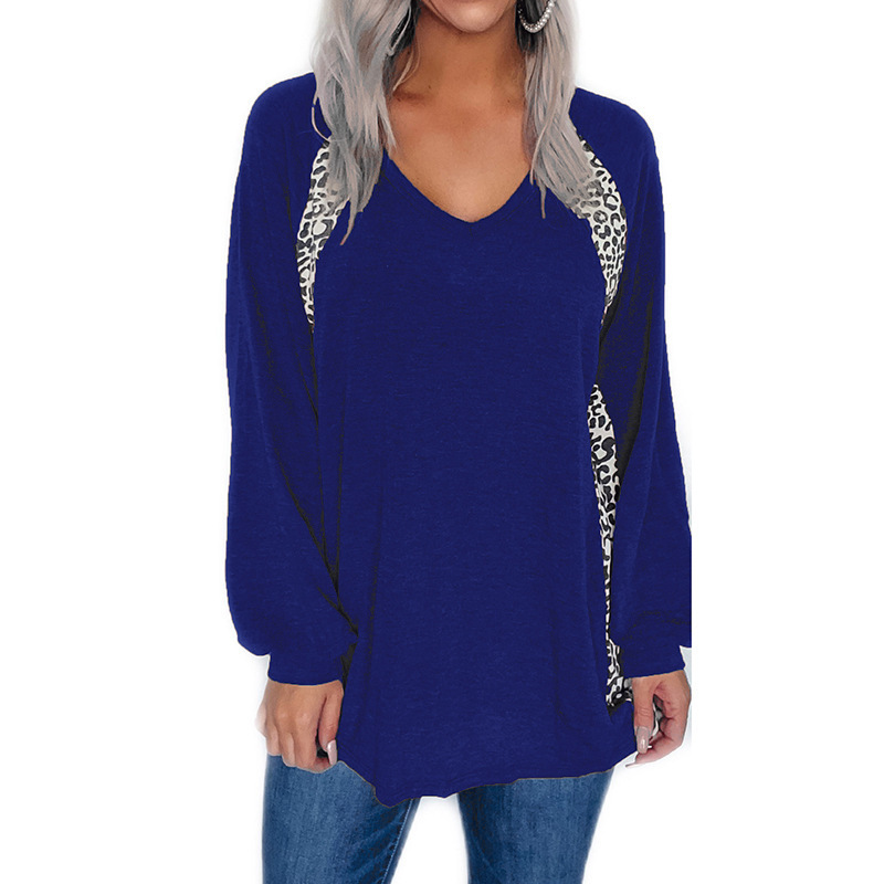 Women's V-Neck Leopard Colorblock Long Sleeve Loose Pullover T-Shirt