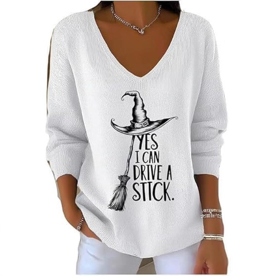 Halloween Witch Hat Broom Letter Print V-Neck Long-Sleeve T-Shirt