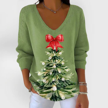Maple Leaf Print V-Neck Long Sleeve T-Shirt