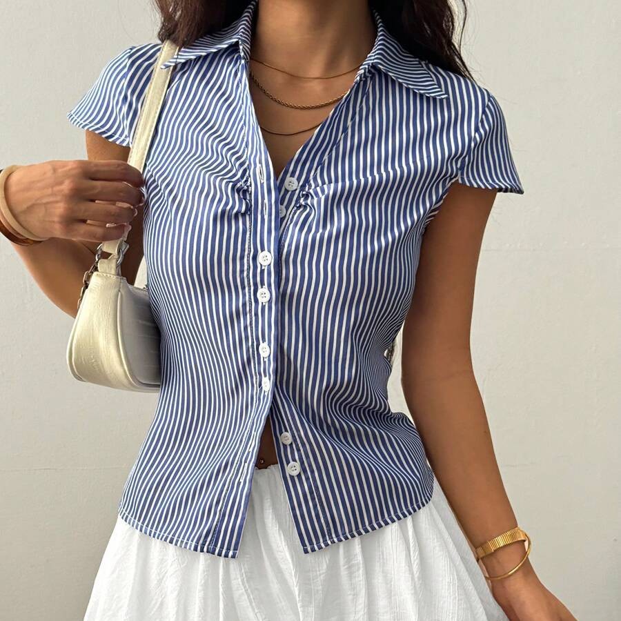 Striped Button-Front Collared Slim Fit Shirt