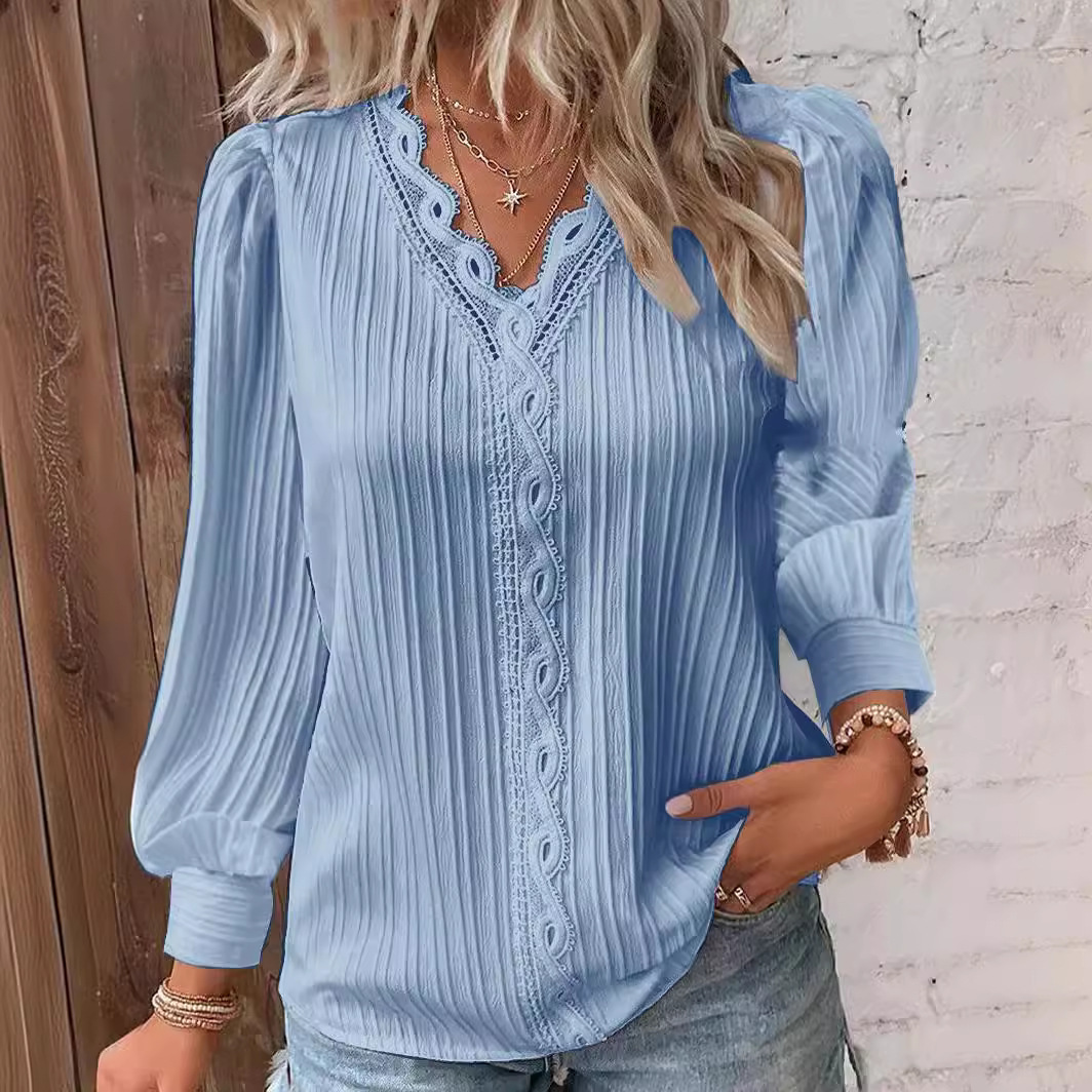 Women's Long Sleeve V-Neck Lace Trim Blouse