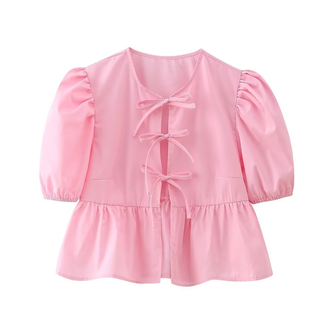 Women's Tie-Front Puff Sleeve Top