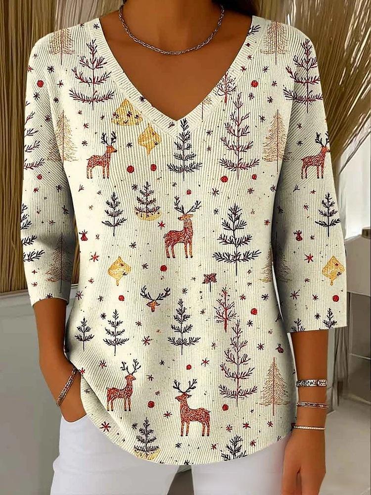 Halloween Plant & Tree Print V-Neck Long-Sleeve T-Shirt for Women