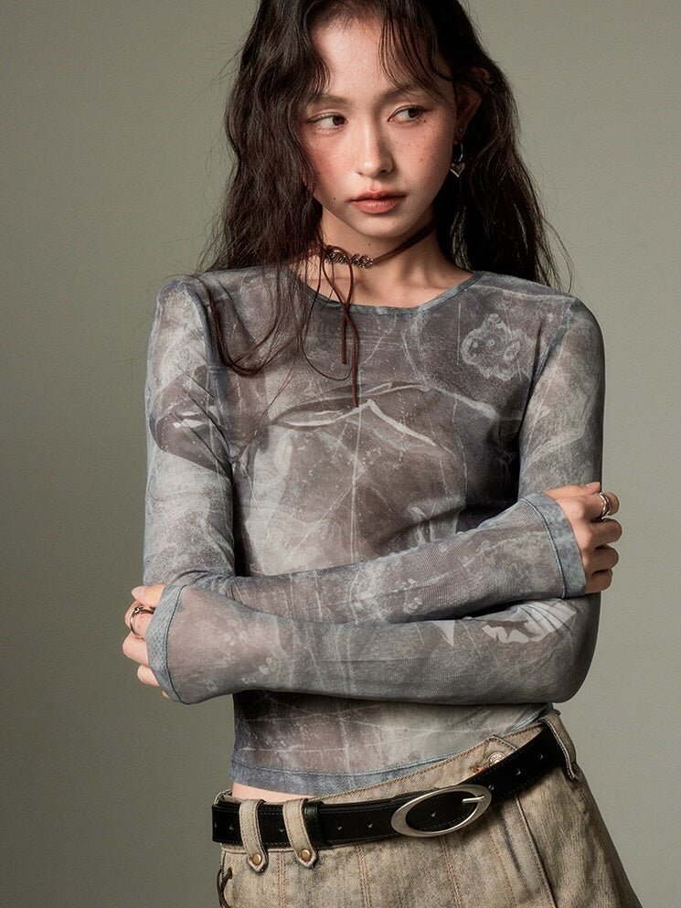 Women's Sheer Mesh Slim Fit Long Sleeve Crew Neck T-Shirt with Irregular Print