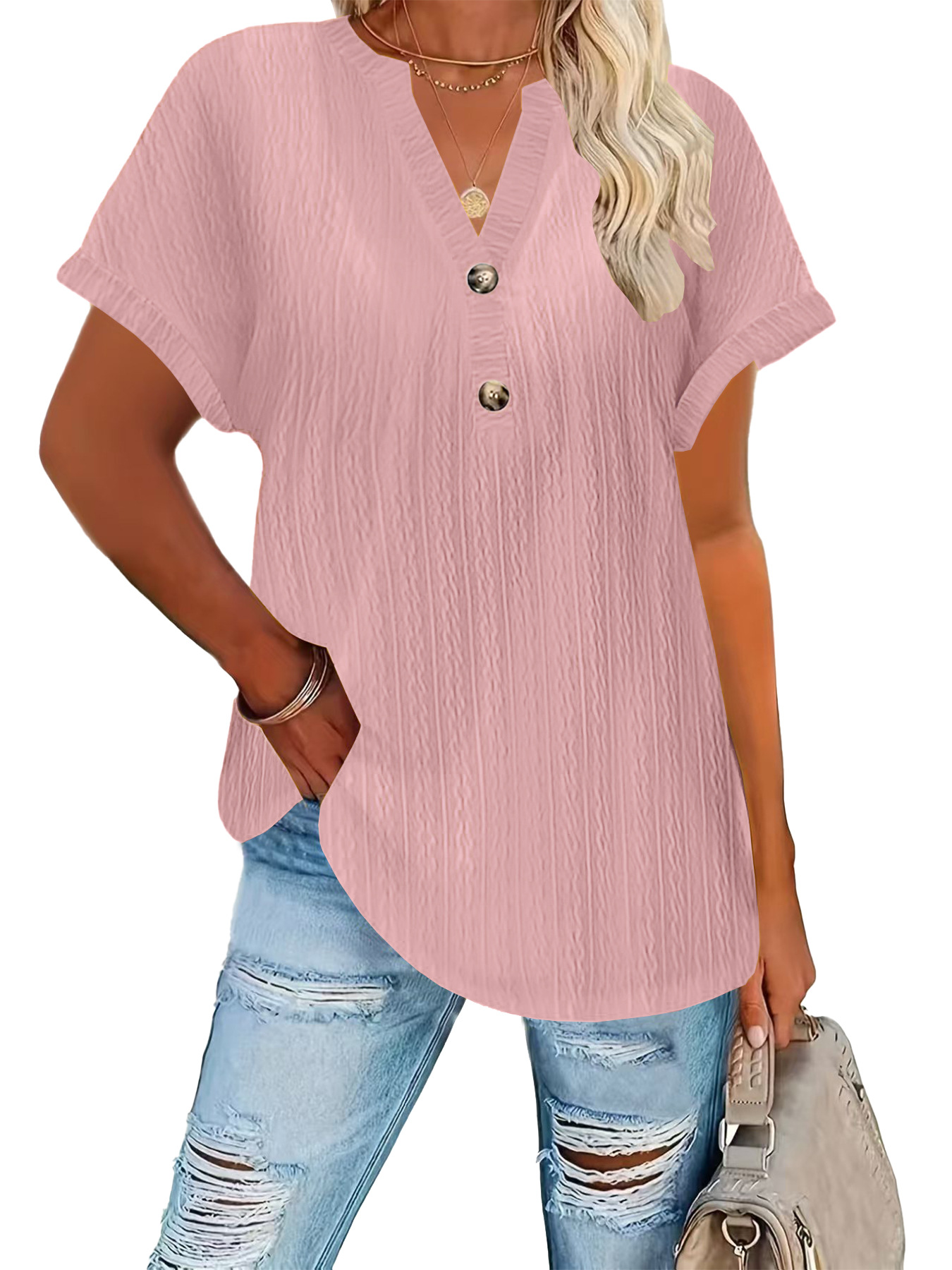 Women's Casual Solid Button V-Neck Short Sleeve T-Shirt