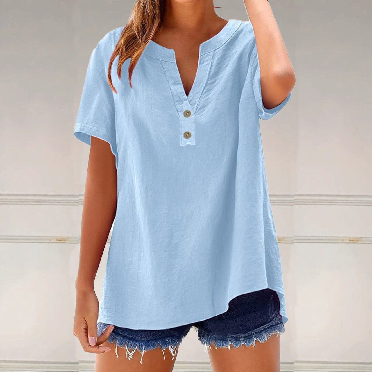 Women's Casual Loose Cotton-Blend Shirt Short Sleeve V-Neck Colorblock Top