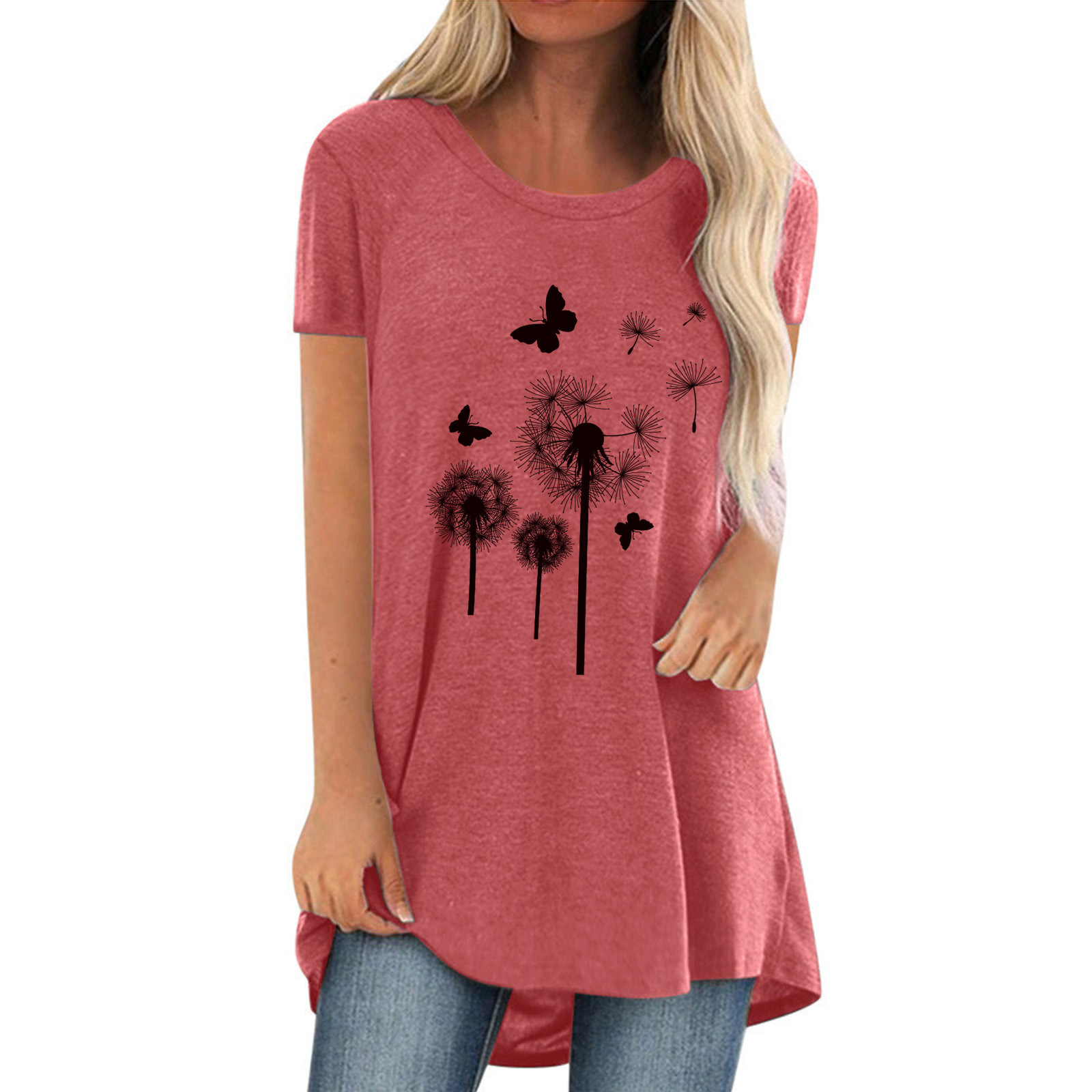 Dandelion Print Crewneck Short Sleeve Women's Top