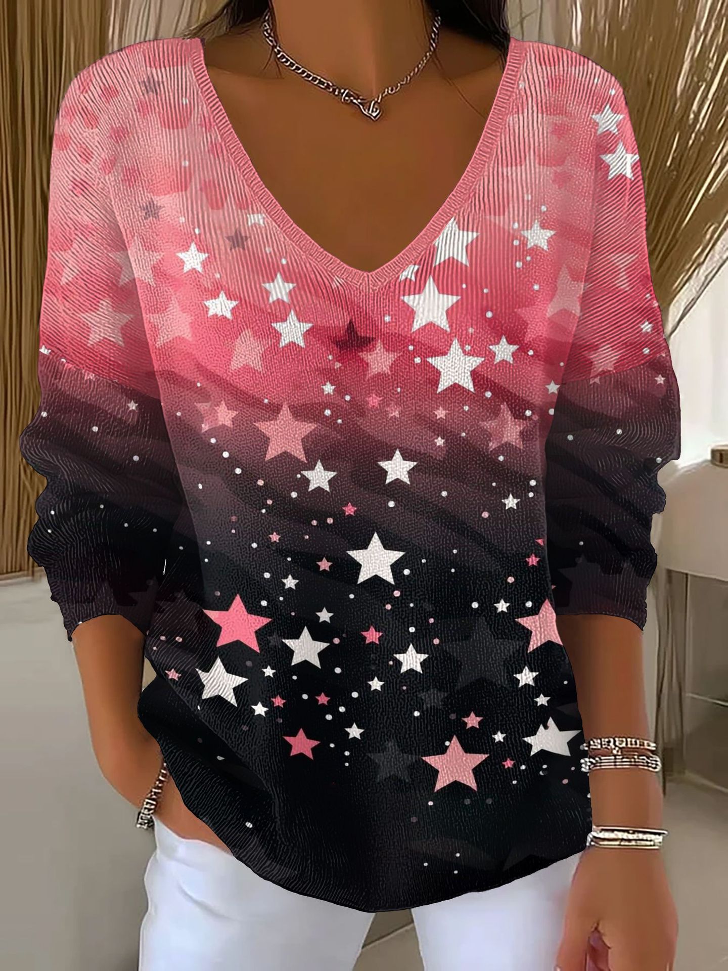 Women's Floral Star Print V-Neck Long-Sleeve T-Shirt