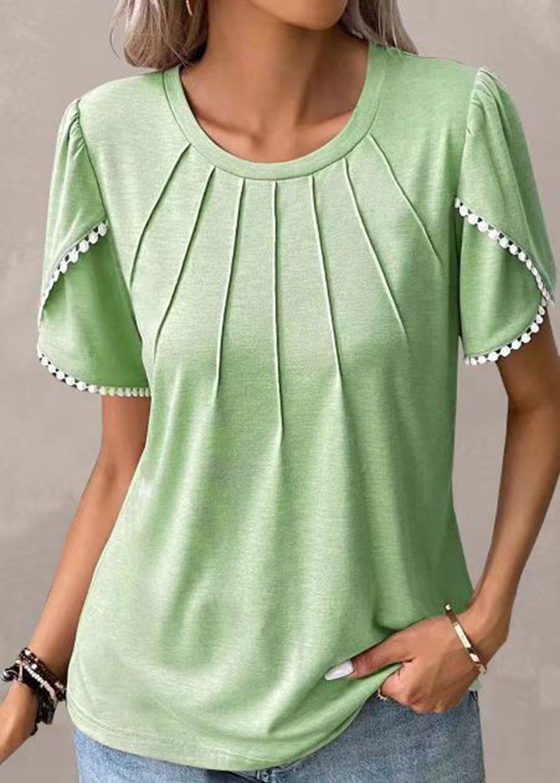 Pleated Short Sleeve T-Shirt with Petal Sleeves and Round Neck