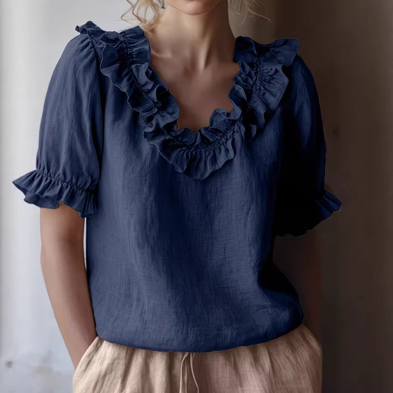 Women's Solid Ruffle Trim Puff Sleeve Knit Top French Elegant Blouse