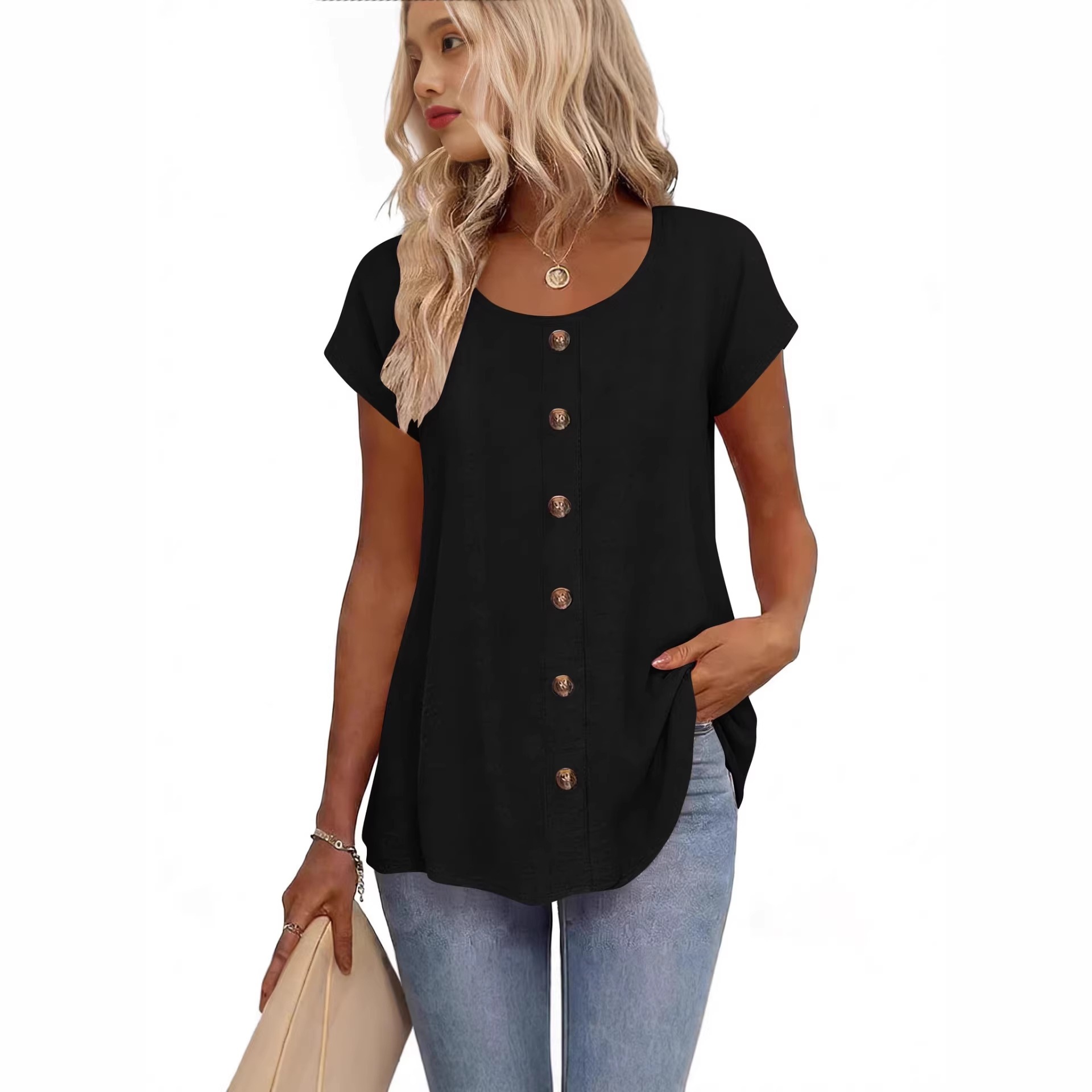Elegant Button-Trim Solid Short-Sleeve Crewneck T-Shirt