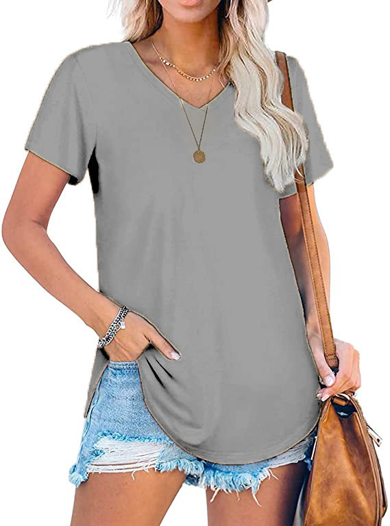 Women's V-Neck Knit Short Sleeve T-Shirt Loose Plus Size Solid Color Top