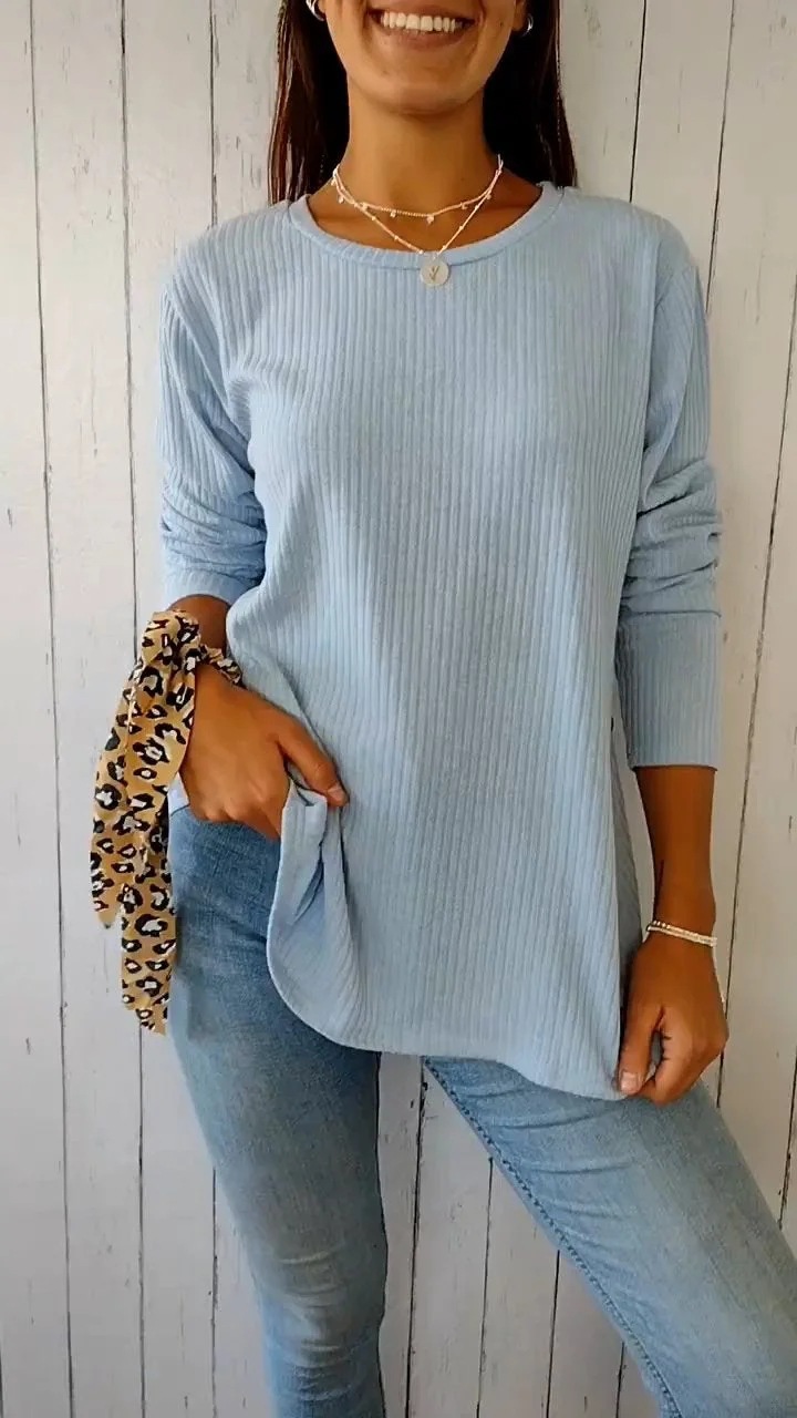 Ribbed Knit Button-Detail Crewneck Long-Sleeve Top