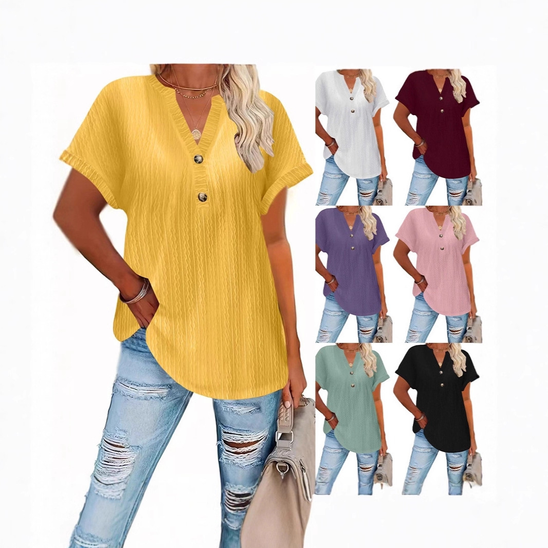 Women's Casual Solid Button V-Neck Short Sleeve T-Shirt