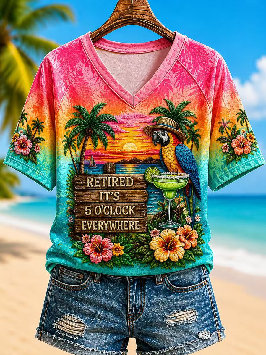 Women's Vacation Print Short Sleeve V-Neck Top