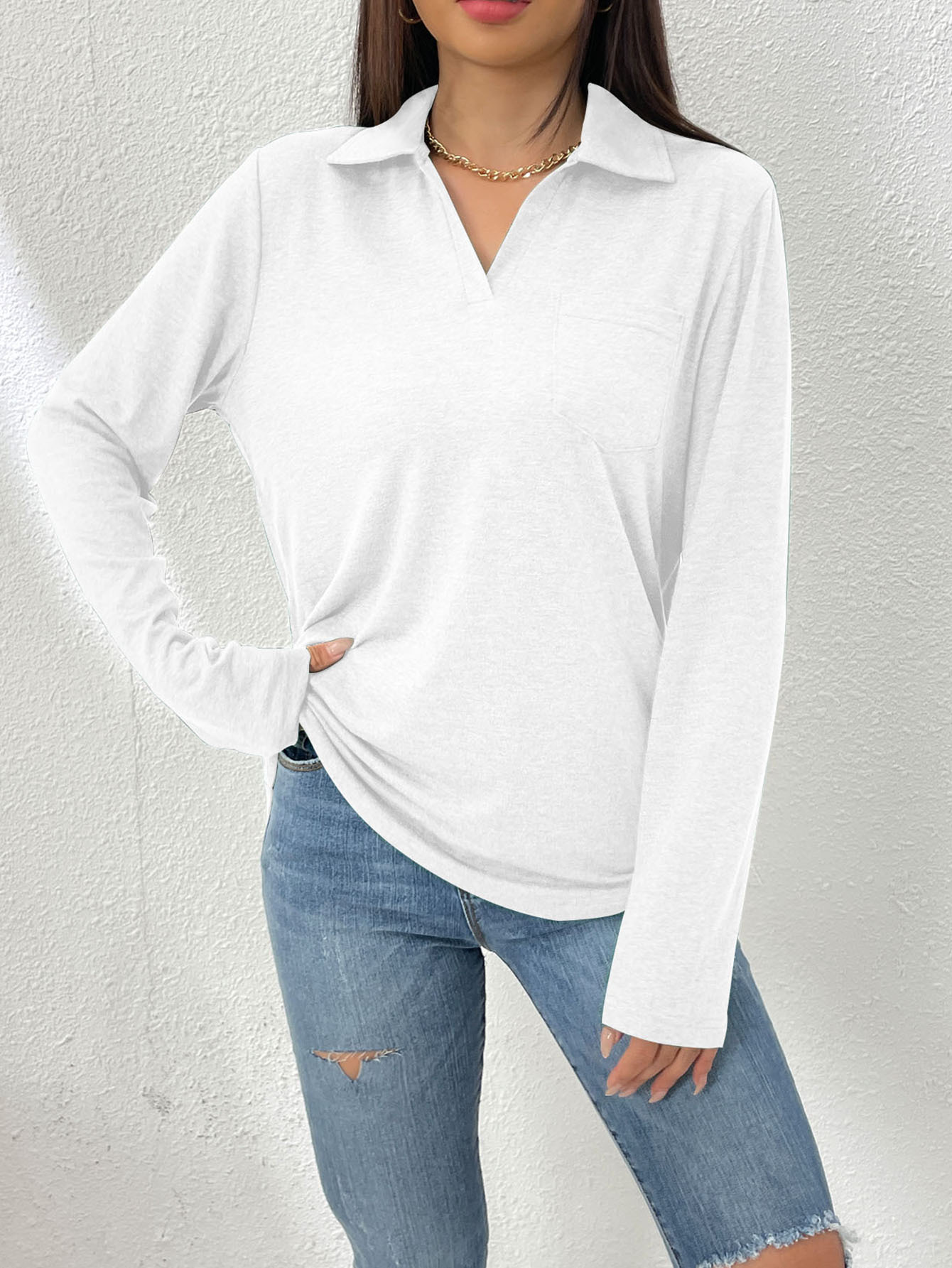 Women's Long Sleeve Solid Color Collared Loose Pocket T-Shirt