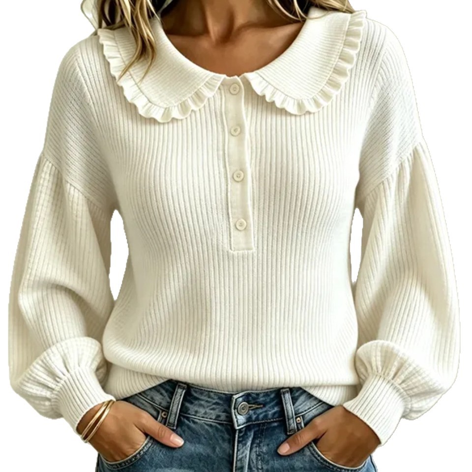Women's Ribbed Knit Ruffle Button Crewneck Long Sleeve Pullover Sweater