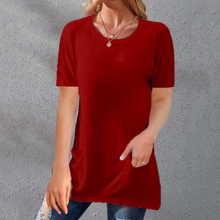 Women's Loose Fit Crewneck Short Sleeve Pocket Solid Midi T-Shirt