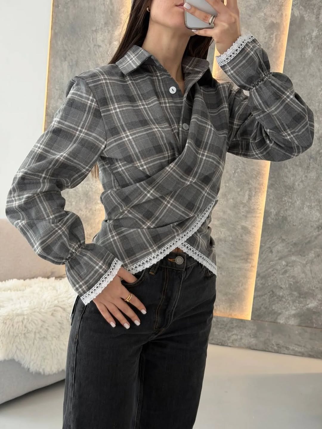 Women's Retro Plaid Long-Sleeve Polo Shirt