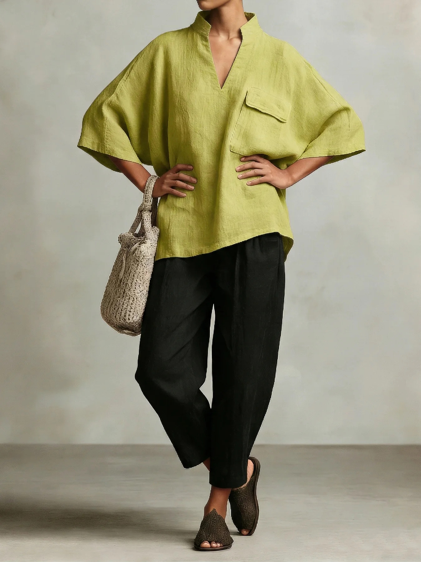 Women's Loose Linen Blend V-Neck Short Sleeve Shirt Solid Color