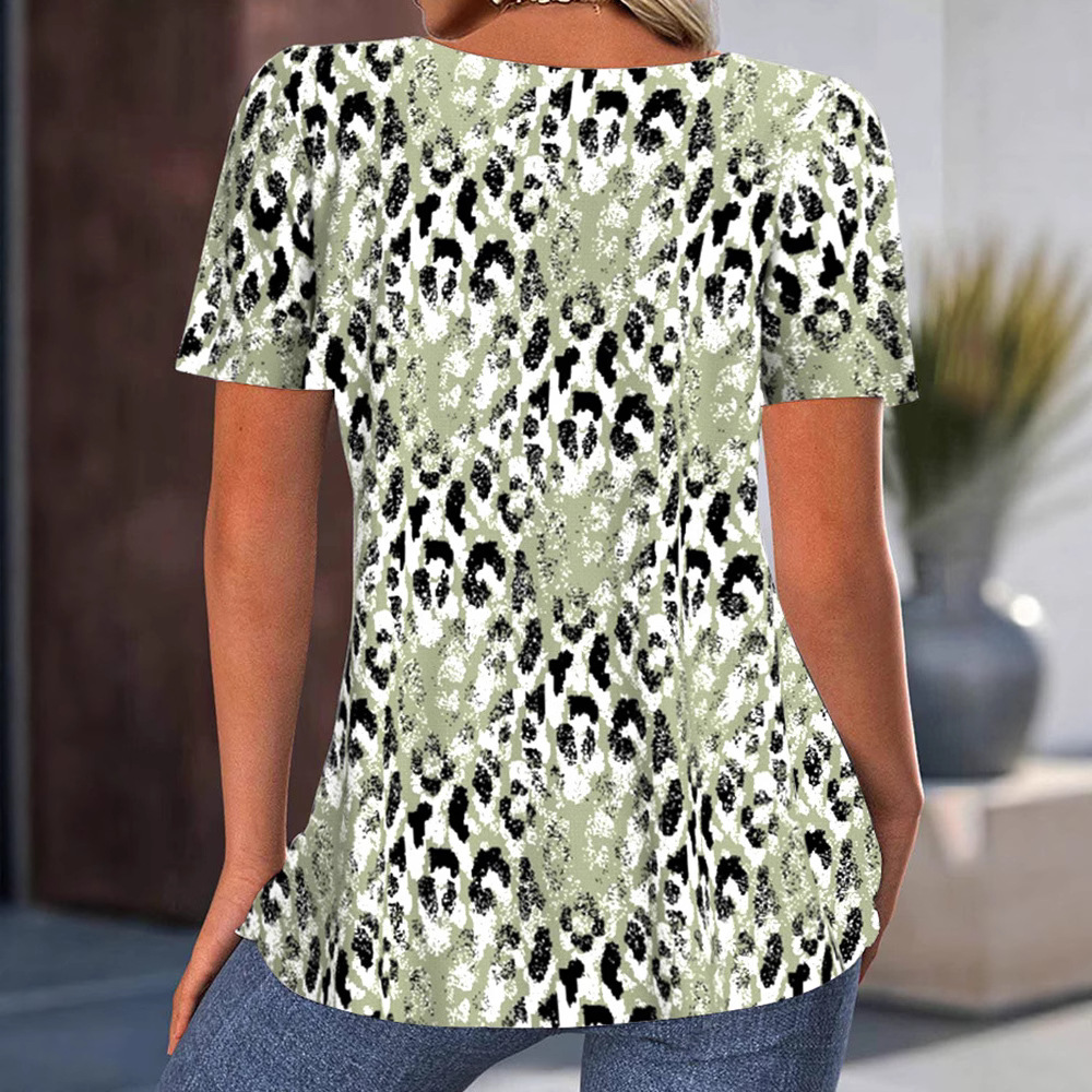 Women's Printed Round Neck Short Sleeve Pleated Top