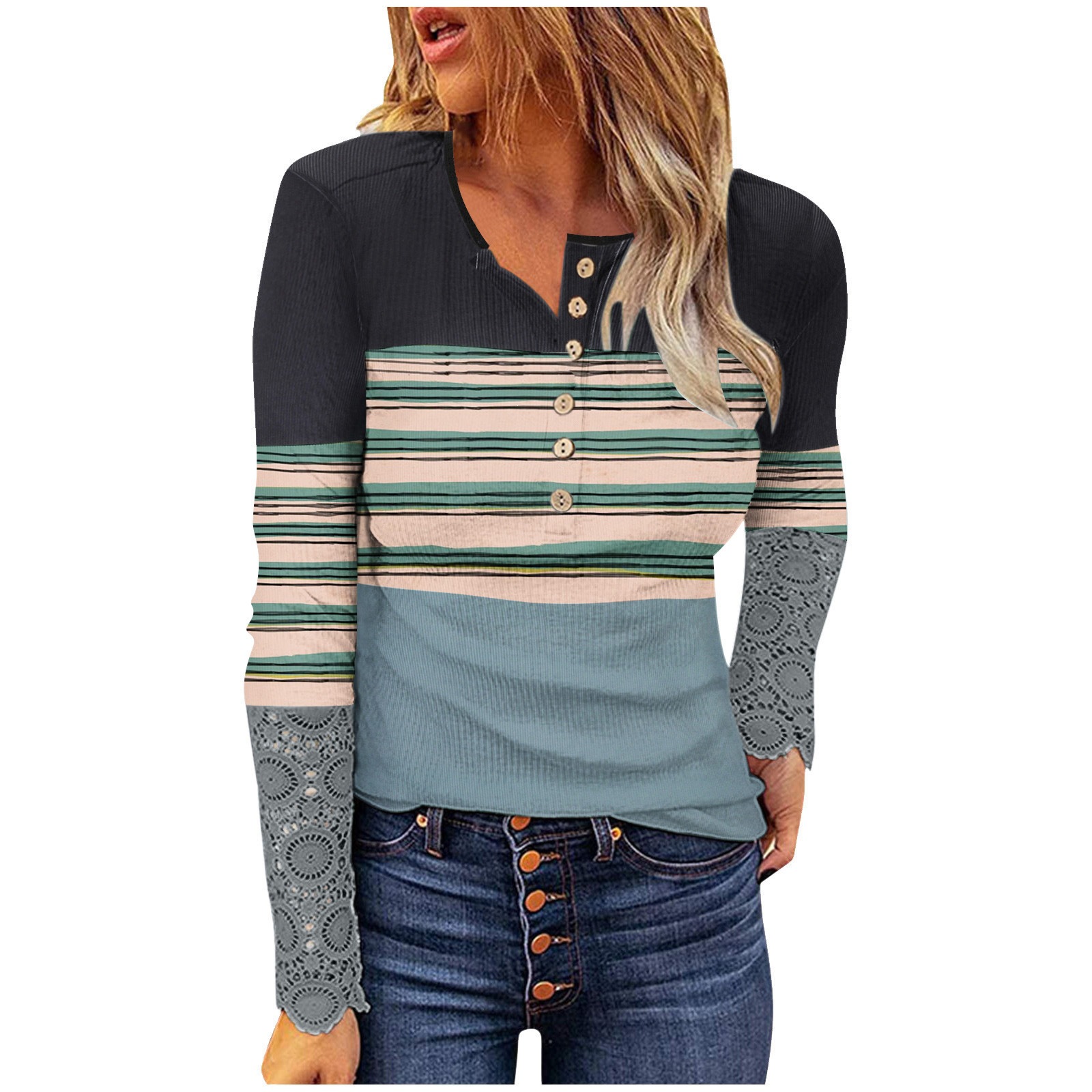 Lace Spliced Long Sleeve Ribbed Slim Fit Button Print Women's T-Shirt