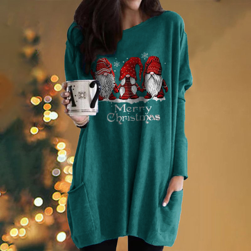 Christmas Santa Print Long-Sleeve Pocket Round-Neck T-Shirt Dress