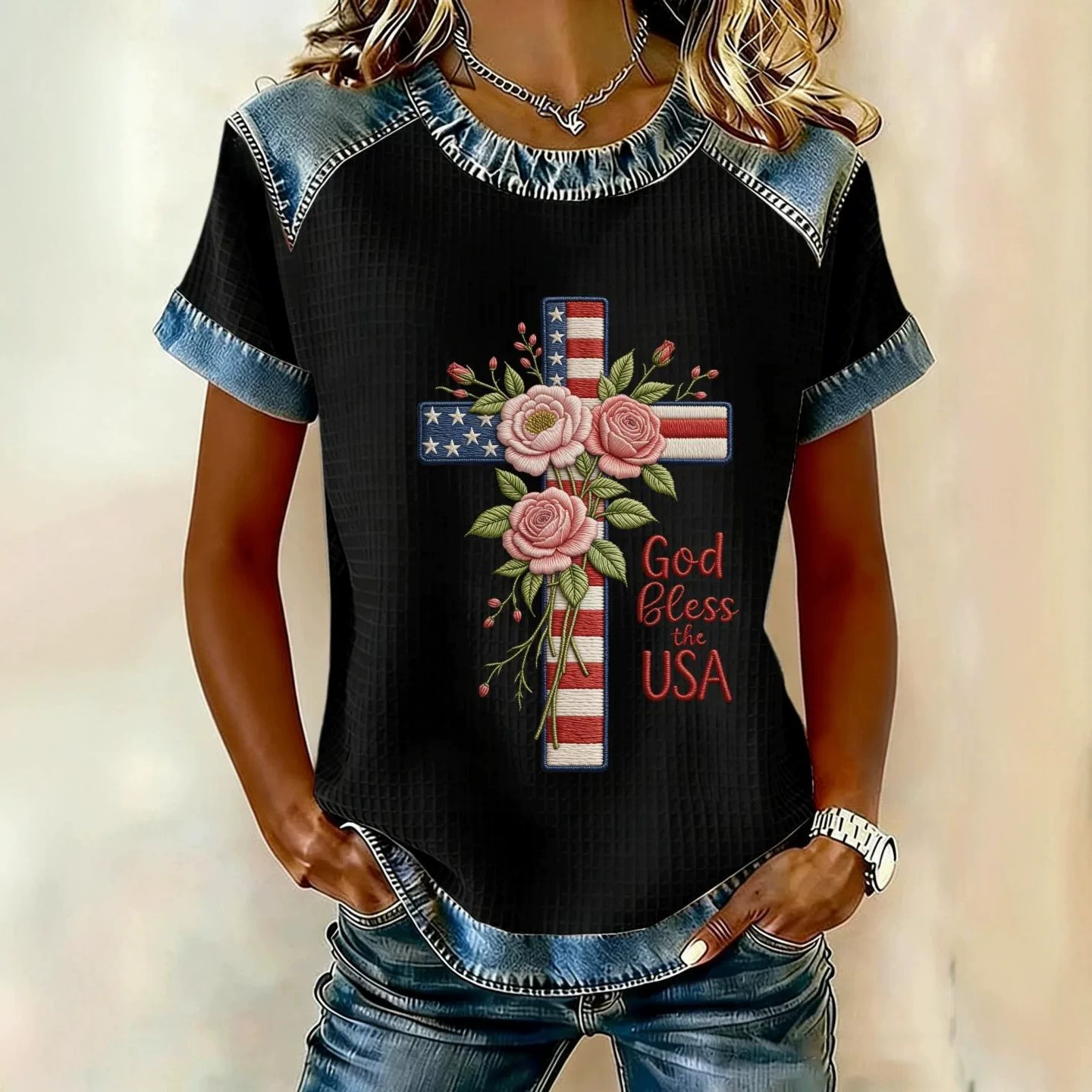 Cross & USA Floral Print Short-Sleeve T-Shirt