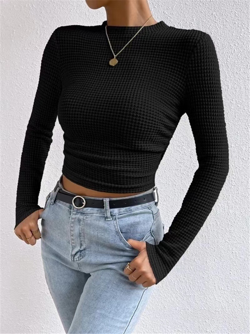 Women's Slim Fit Plaid Round Neck Ruched Long Sleeve Top