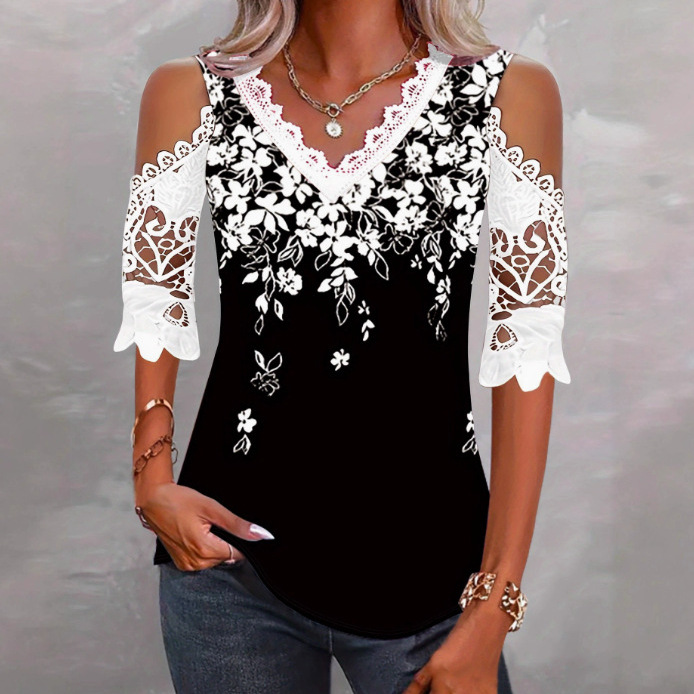 Elegant Lace Off-Shoulder Floral Print Short-Sleeve T-Shirt