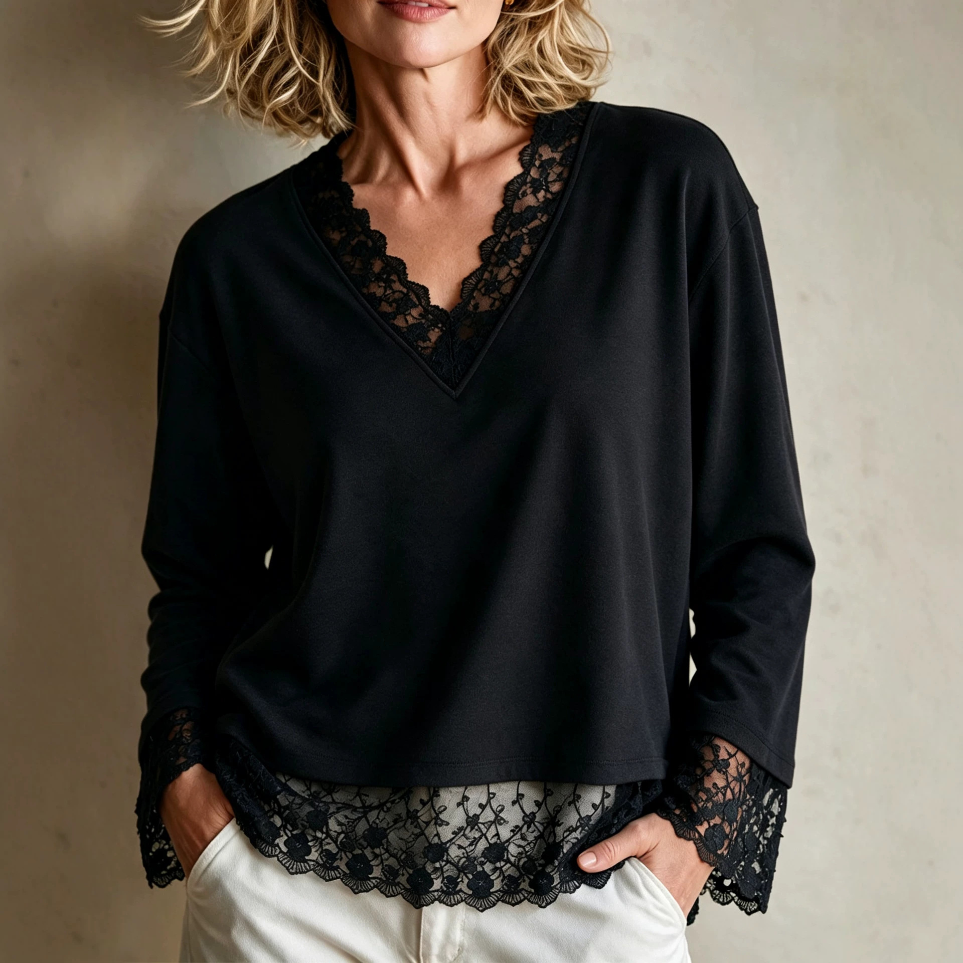 Women's Lace Spliced V-Neck Long-Sleeve Top