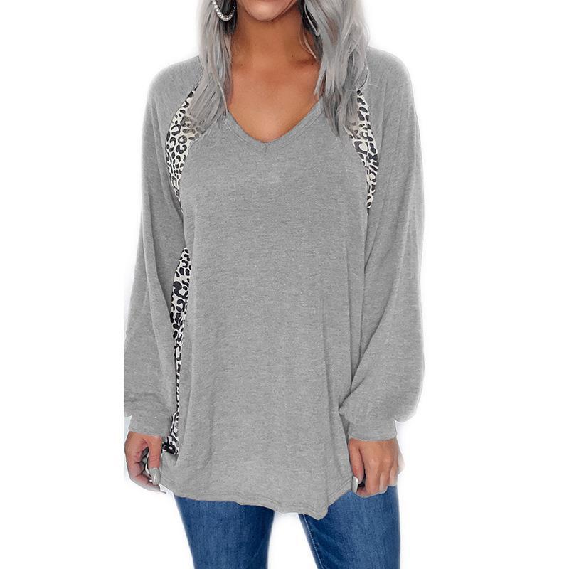 Women's Leopard Colorblock V-Neck Loose Long-Sleeve Pullover T-Shirt