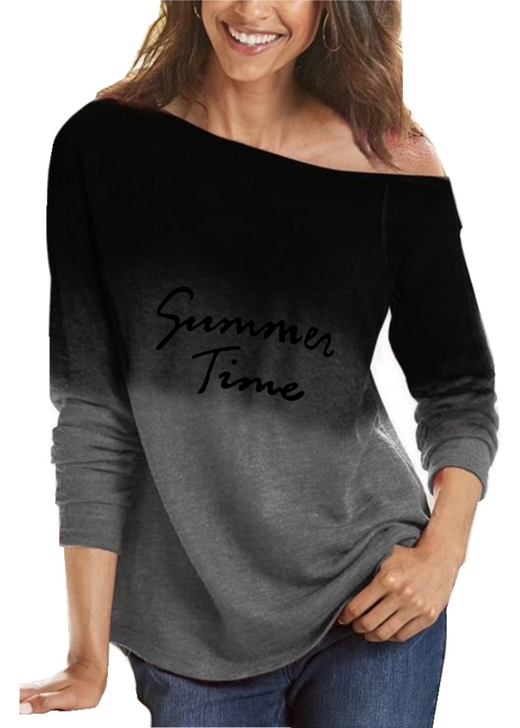 Women's Gradient Print Long Sleeve Crewneck Loose T-Shirt