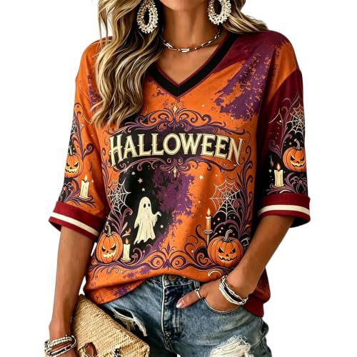 Halloween Pumpkin Shadow Print V-Neck Mid-Sleeve Women's T-Shirt