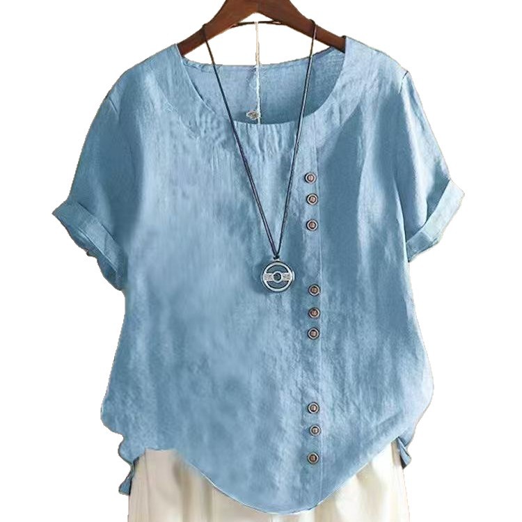 Women's Summer Loose Button Round Neck T-Shirt