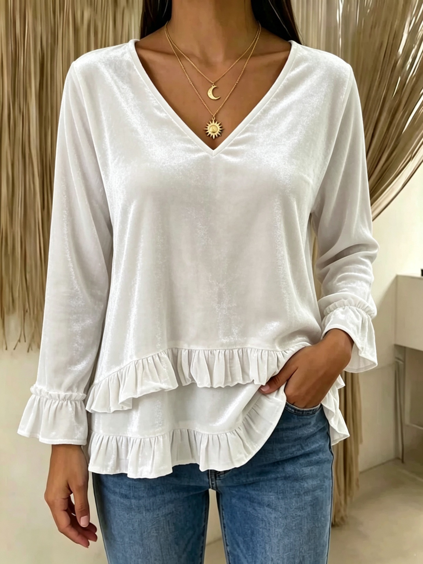 Women's V-Neck Ruffle Velvet Long-Sleeve Top