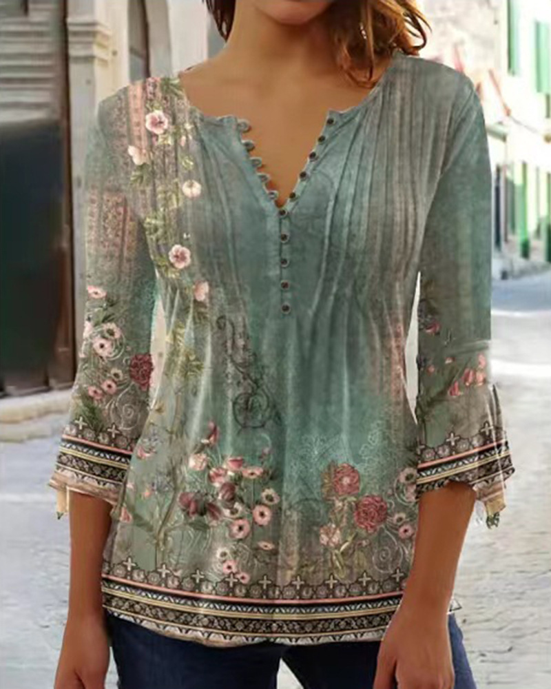 Floral Print V-Neck Short Sleeve Pleated Button T-Shirt