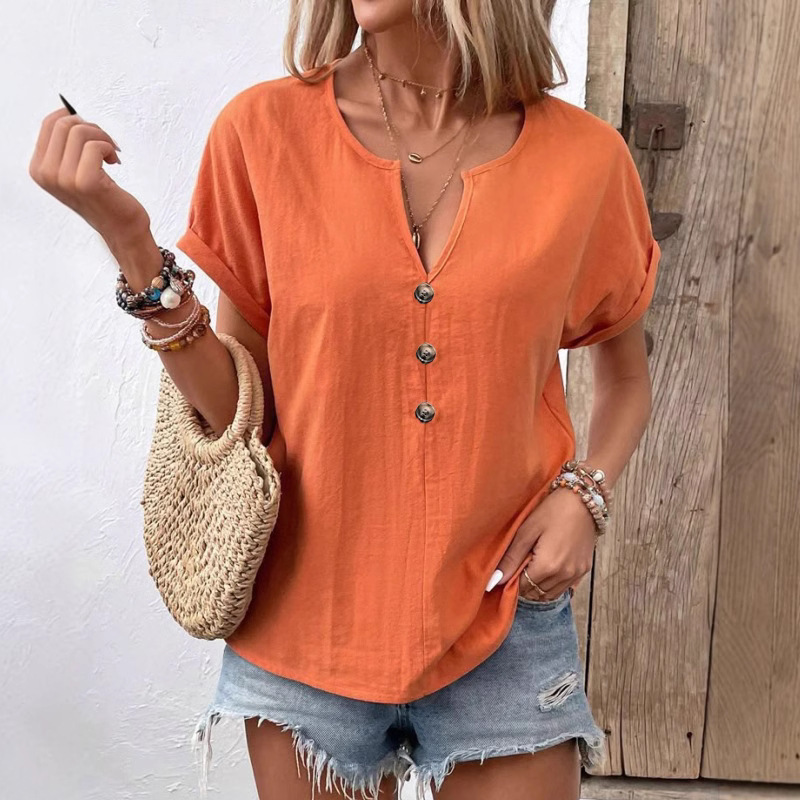 Women's Button V-Neck Short Sleeve T-Shirt