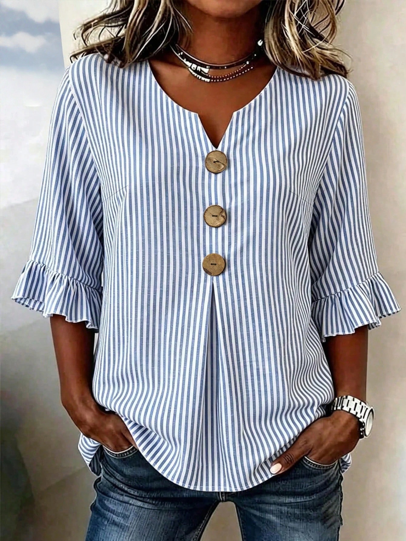 Women's V-Neck Striped Button Ruffle Half-Sleeve Blouse