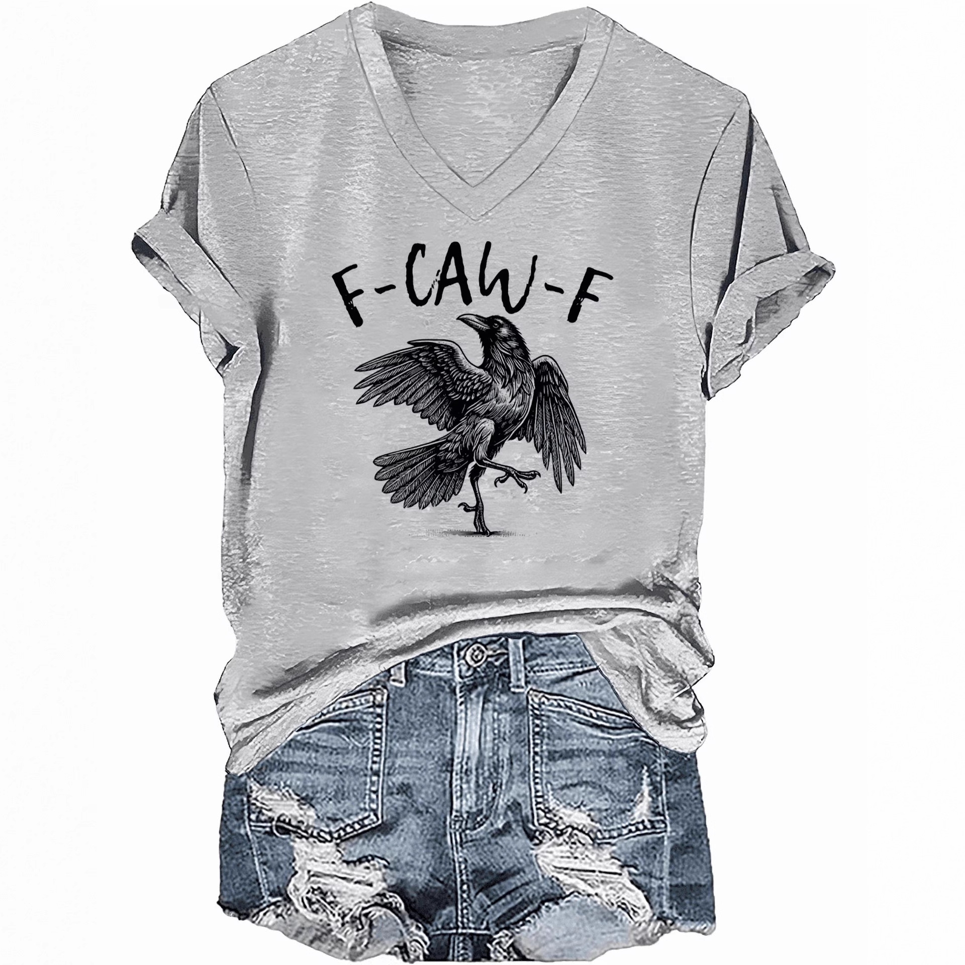Flying Raven Graphic V-Neck Short Sleeve T-Shirt for Women