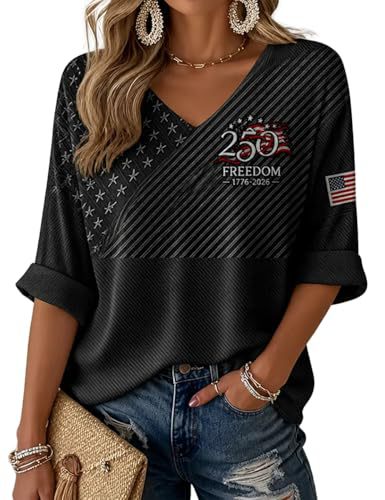 American Flag Print V-Neck Short Sleeve Women's T-Shirt